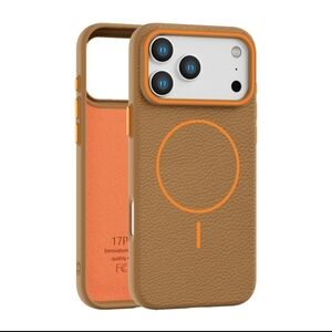 Premium Leather Phone Case Iphone 17 Pro Max- Tan & Orange